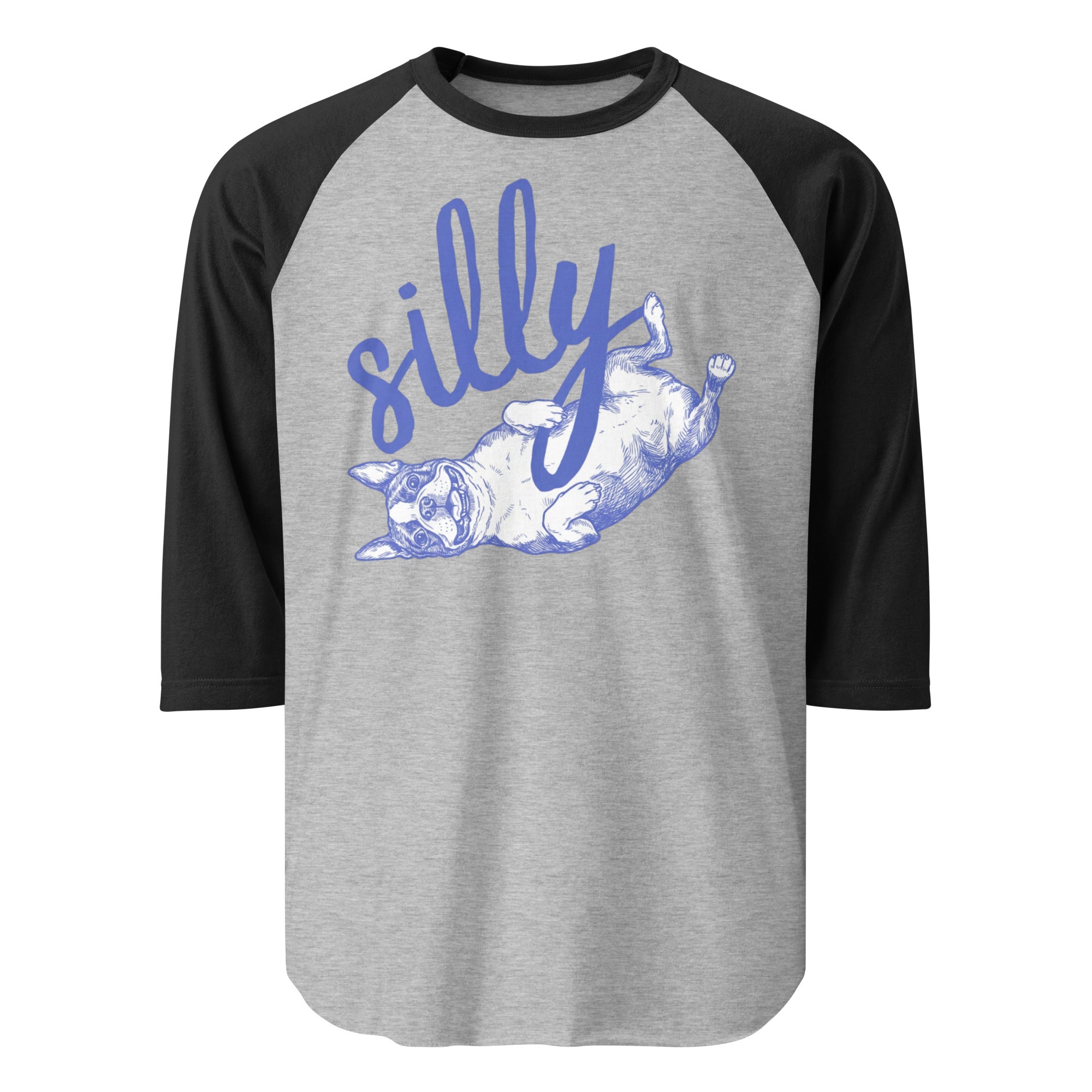 Silly Boston Terrier Dog Upside Down 3/4 Sleeve Raglan Shirt . Heather Grey Black