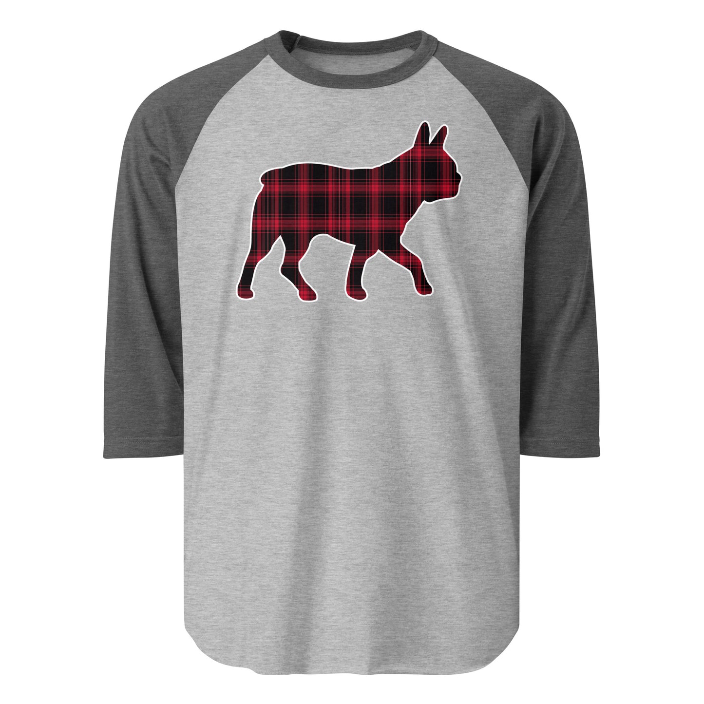 Red Plaid Boston Terrier Dog Silhouette 3/4 Sleeve Raglan Shirt . Heather Grey Heather Charcoal