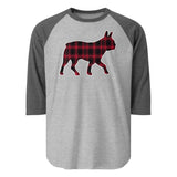 Red Plaid Boston Terrier Dog Silhouette 3/4 Sleeve Raglan Shirt . Heather Grey Heather Charcoal
