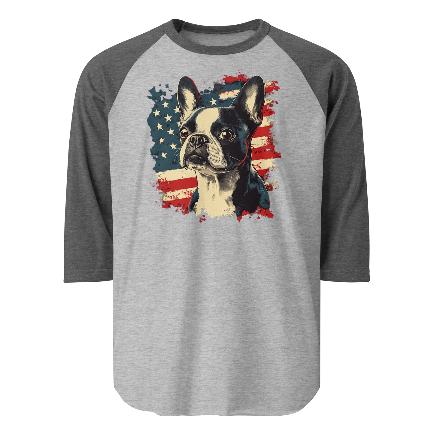 USA Flag United States Boston Terrier Dog 3/4 Sleeve Raglan Shirt . Heather Grey Heather Charcoal