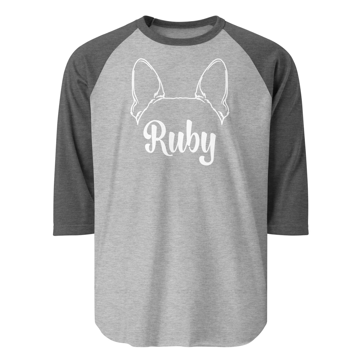 Boston Terrier Ears with Dog Name Custom 3/4 Sleeve Raglan Shirt . Heather Grey Heather Charcoal