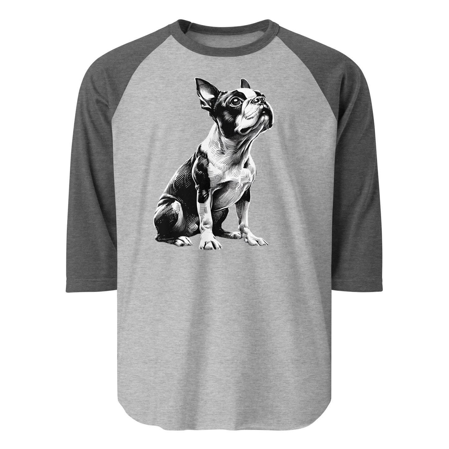Boston Terrier Line Art 3/4 Sleeve Raglan Shirt . Heather Grey Heather Charcoal