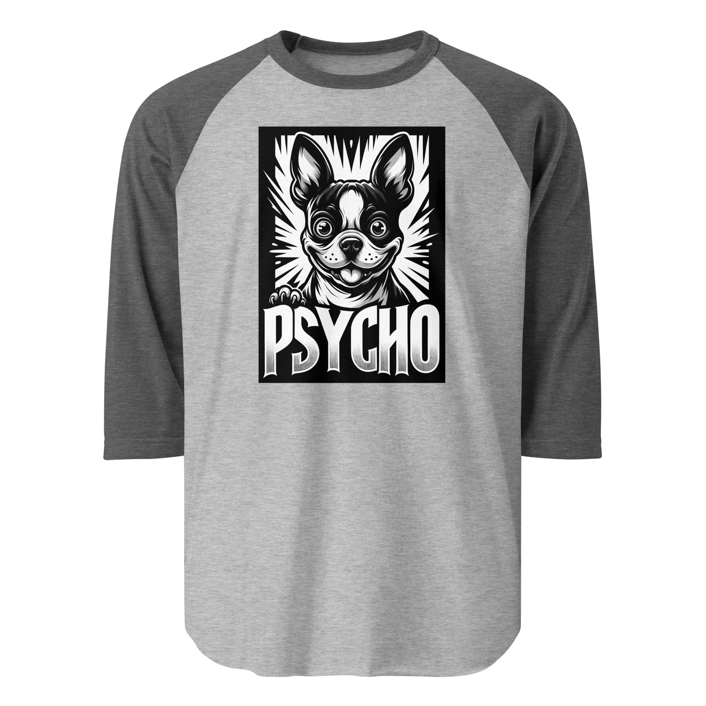Psycho Boston Terrier Dog 3/4 Sleeve Raglan Shirt . Heather Grey Heather Charcoal