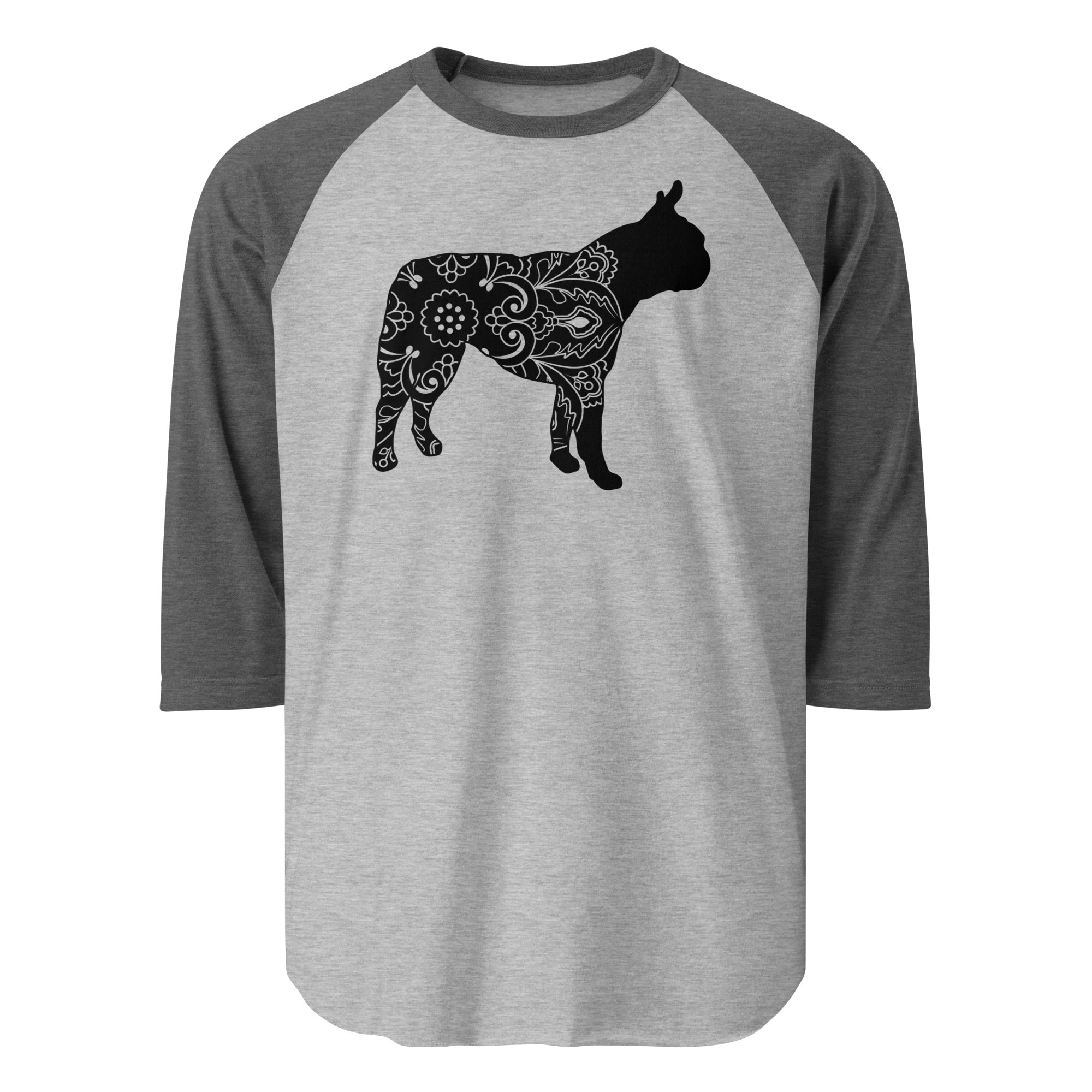 Boston Terrier Mandala 3/4 Sleeve Raglan Shirt . Heather Grey Heather Charcoal