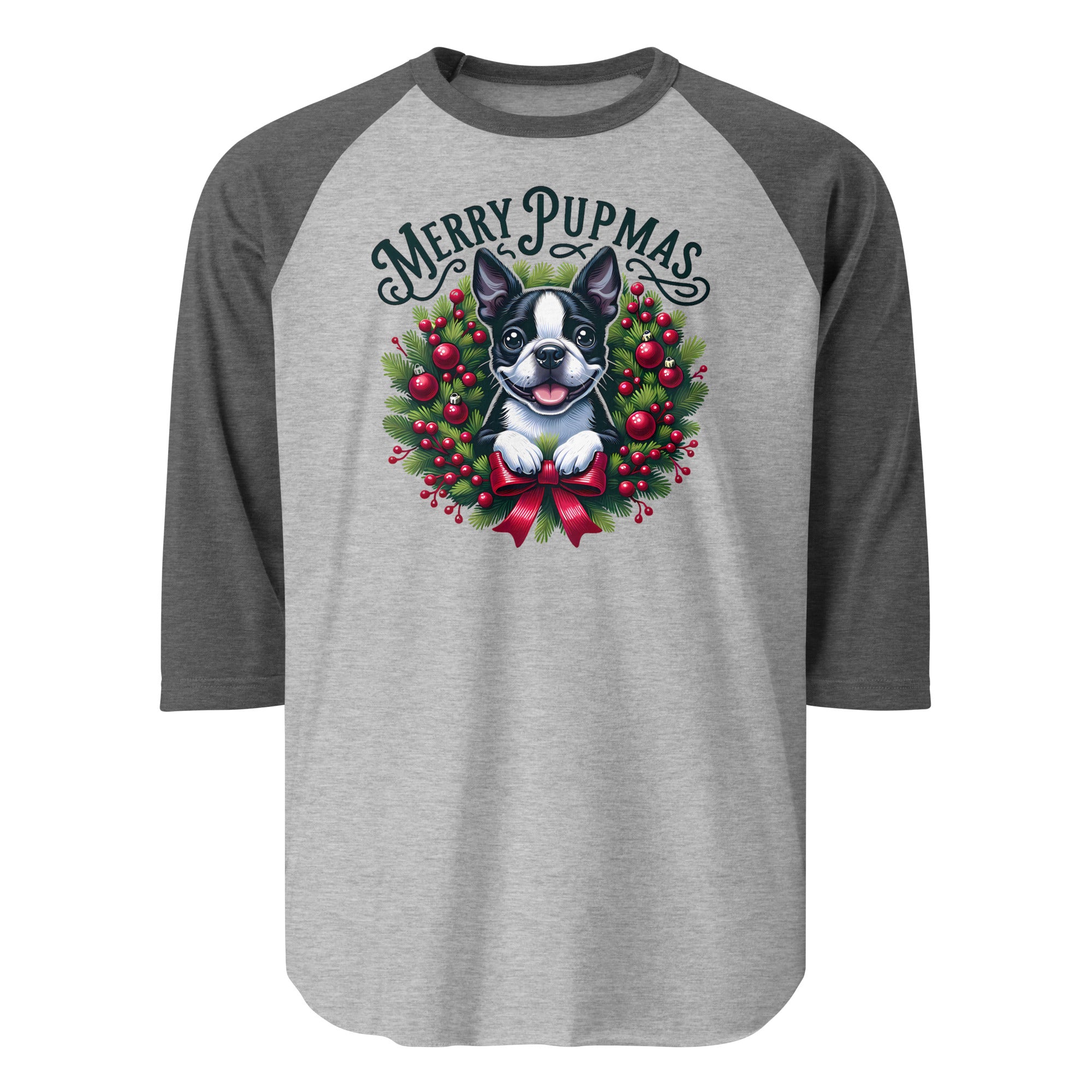 Merry Pupmas 3/4 Sleeve Raglan Shirt . Heather Grey Heather Charcoal