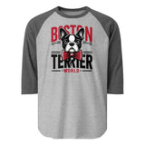 Boston Terrier World 3/4 Sleeve Raglan Shirt . Heather Grey Heather Charcoal