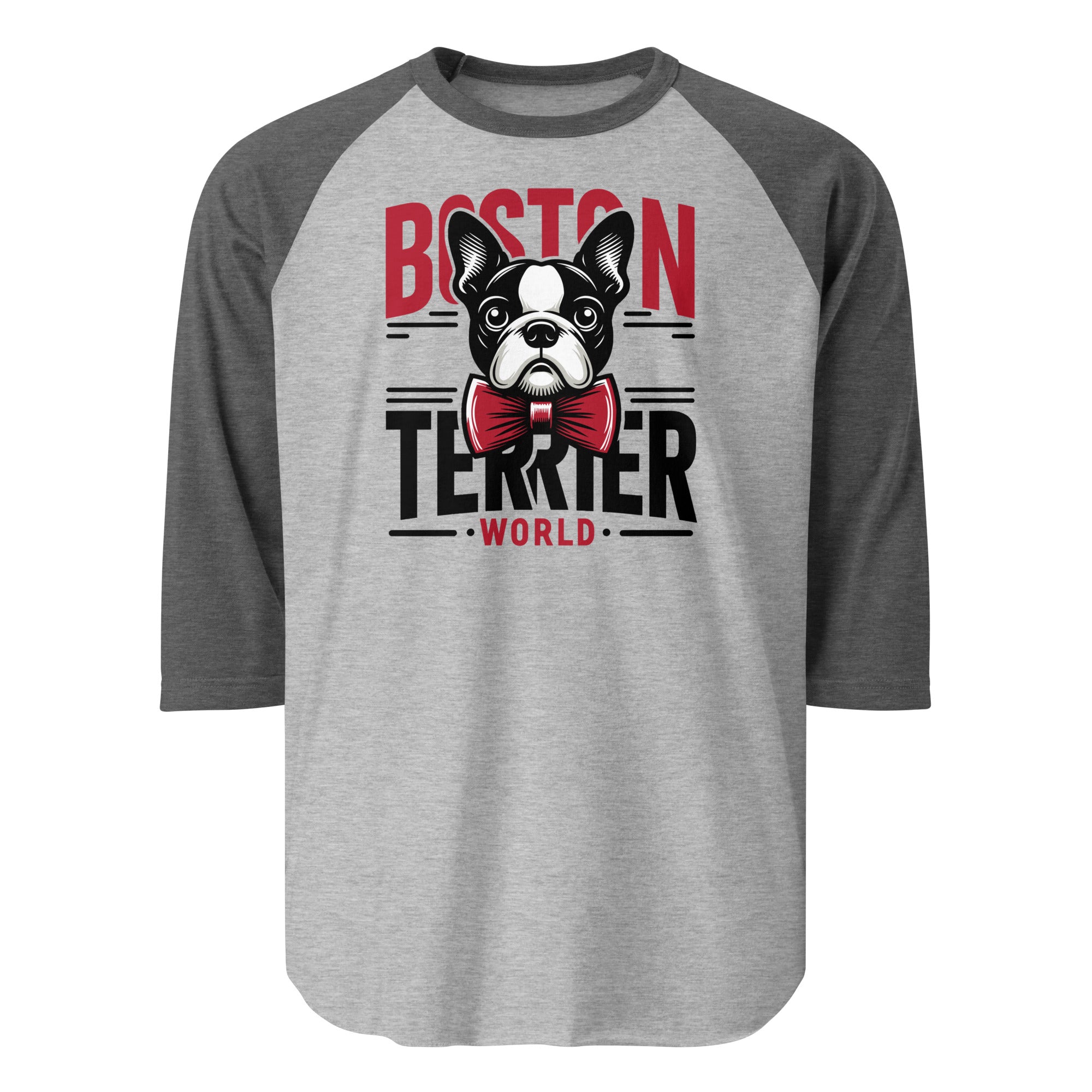 Boston Terrier World 3/4 Sleeve Raglan Shirt . Heather Grey Heather Charcoal