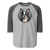 Cartoon Boston Terrier Dog Portrait 3/4 Sleeve Raglan Shirt . Heather Grey Heather Charcoal