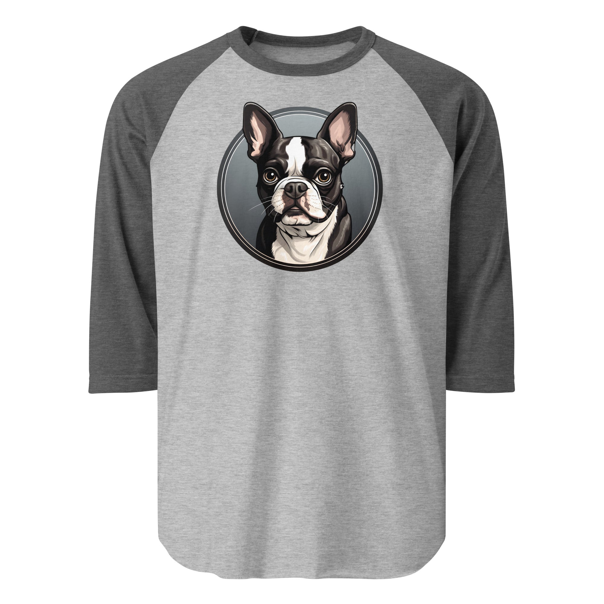 Cartoon Boston Terrier Dog Portrait 3/4 Sleeve Raglan Shirt . Heather Grey Heather Charcoal