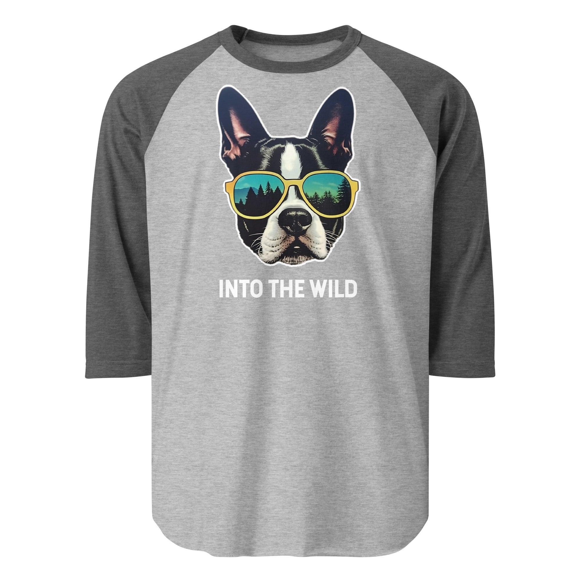 Into The Wild Boston Terrier 3/4 Sleeve Raglan Shirt . Heather Grey Heather Charcoal