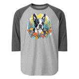 Boston Terrier Surrounded By Flowers 3/4 Sleeve Raglan Shirt . Heather Grey Heather Charcoal