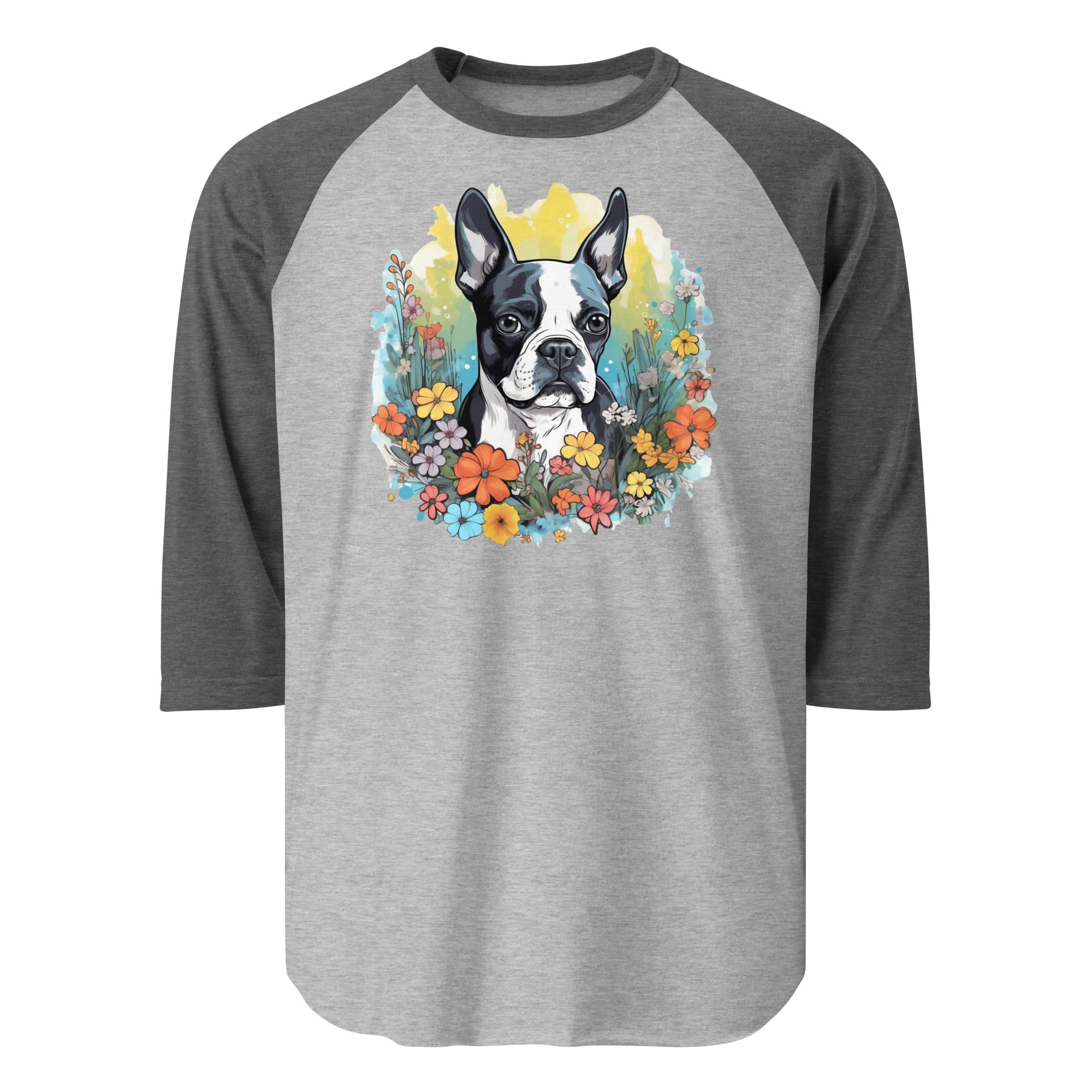 Boston Terrier Surrounded By Flowers 3/4 Sleeve Raglan Shirt . Heather Grey Heather Charcoal