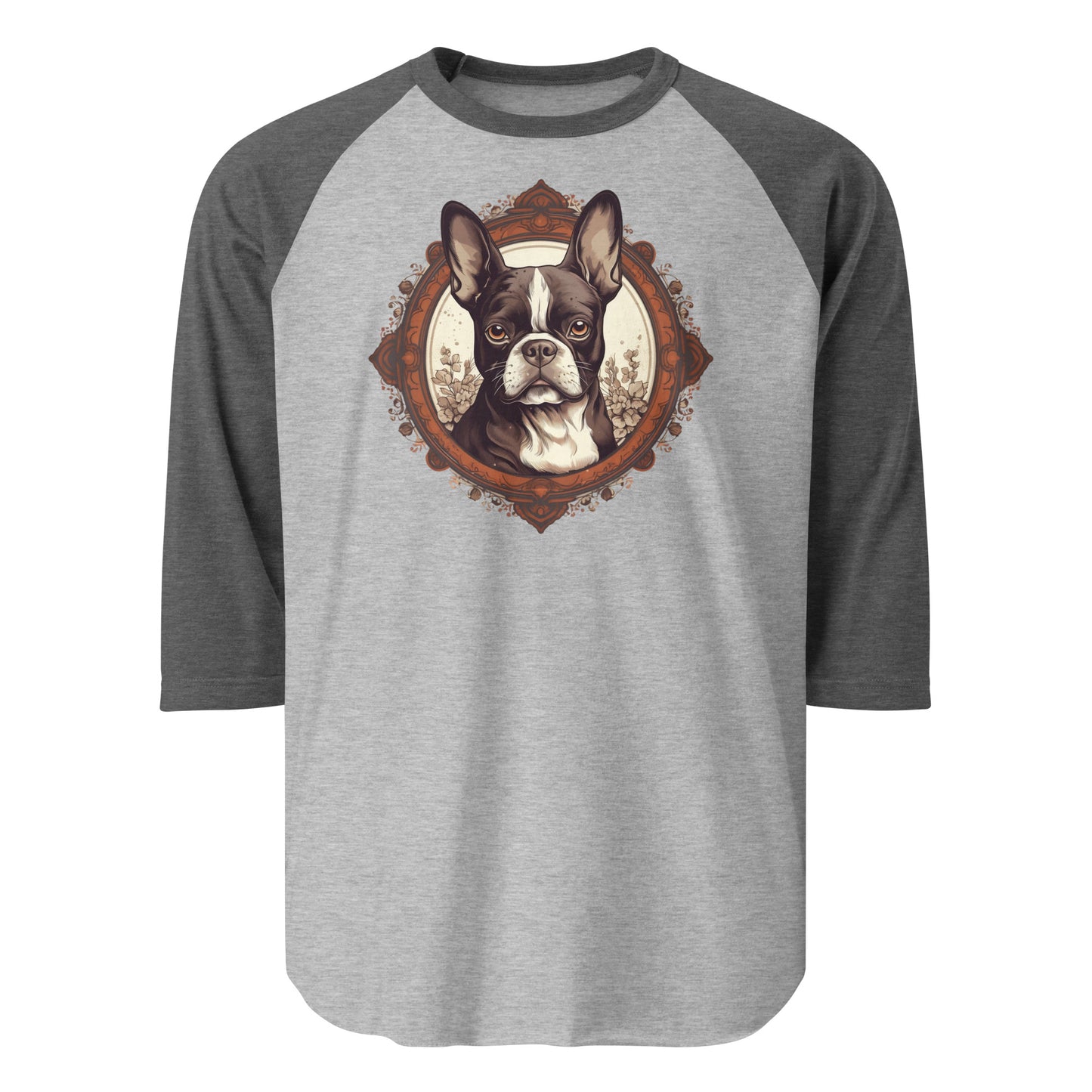 Vintage-Inspired Red Brown Boston Terrier 3/4 Sleeve Raglan Shirt . Heather Grey Heather Charcoal