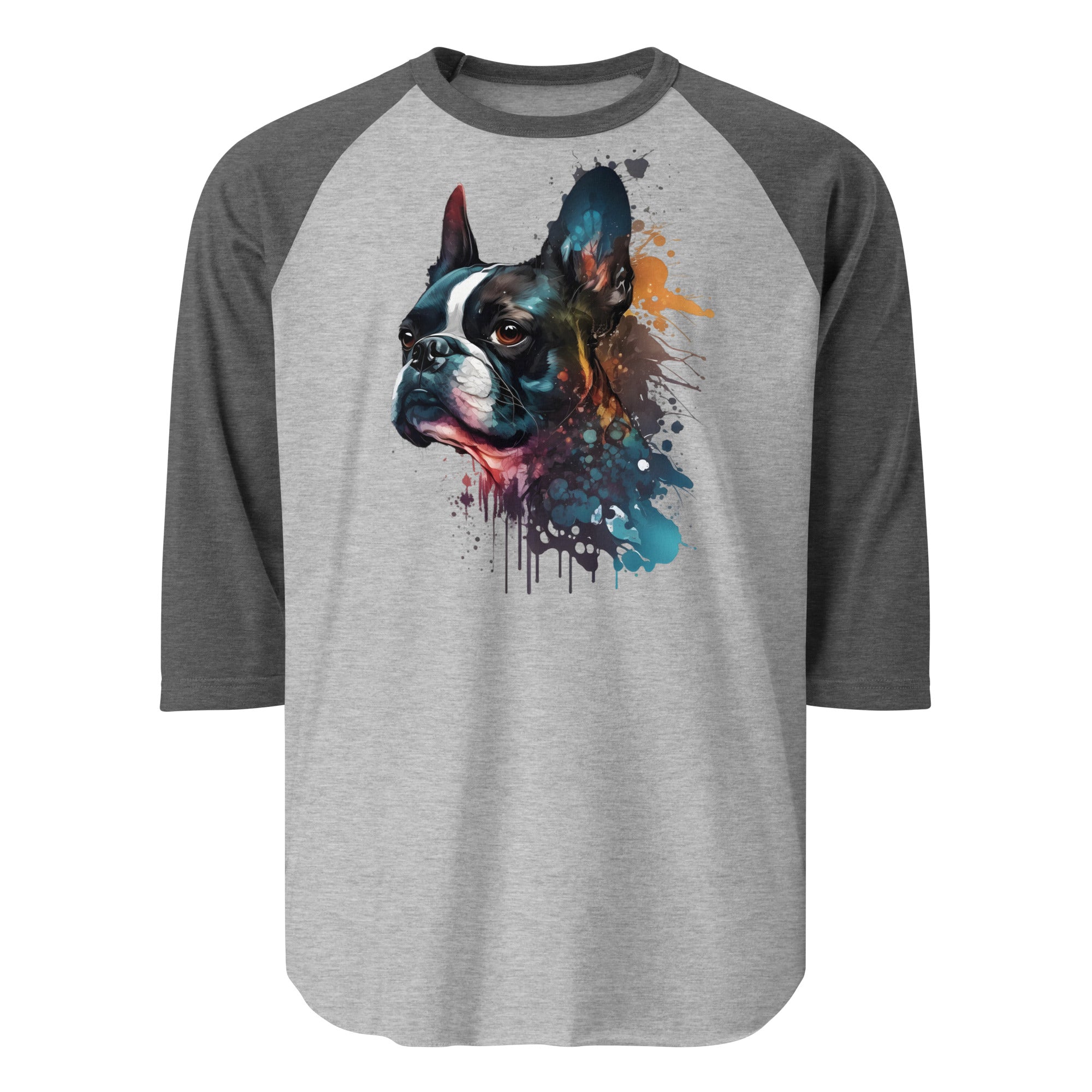 Boston Terrier Art 3/4 Sleeve Raglan Shirt . Heather Grey Heather Charcoal