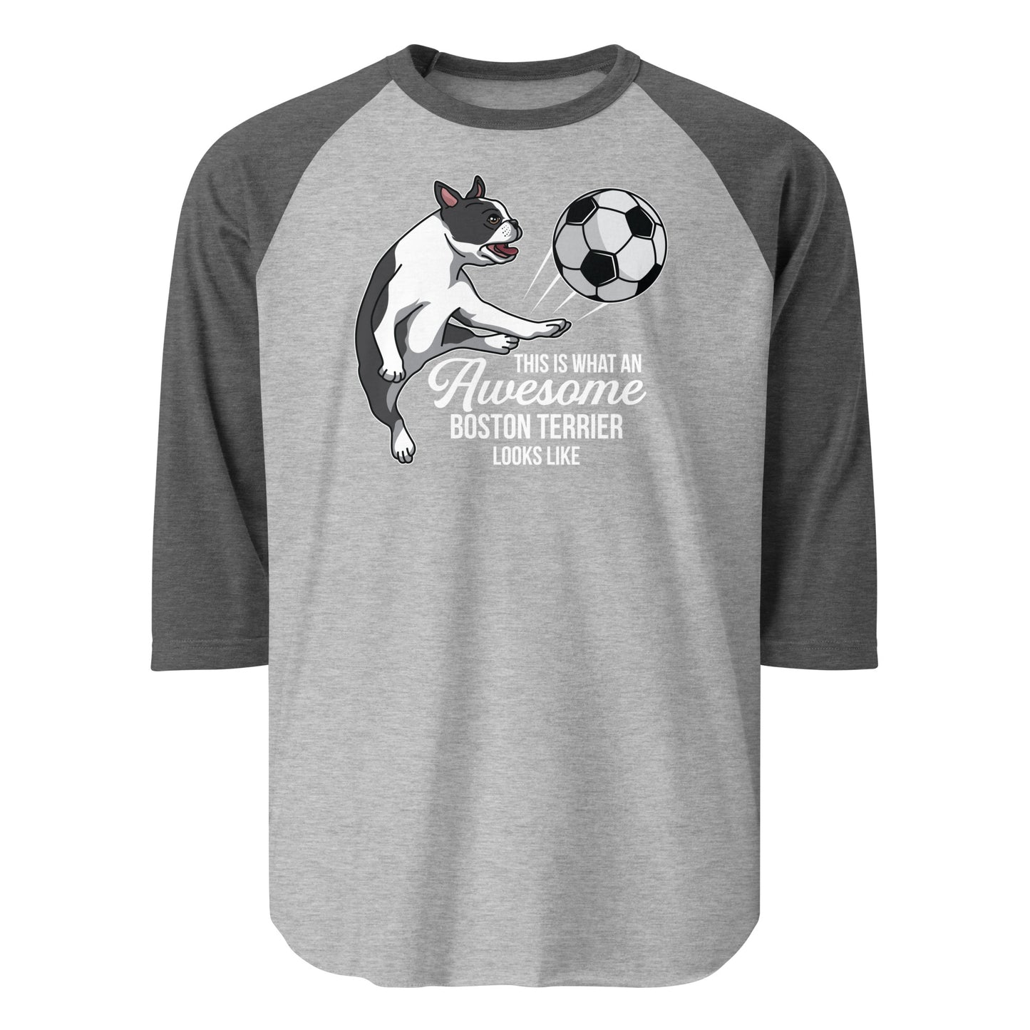 Soccer Boston Terrier 3/4 Sleeve Raglan Shirt . Heather Grey Heather Charcoal