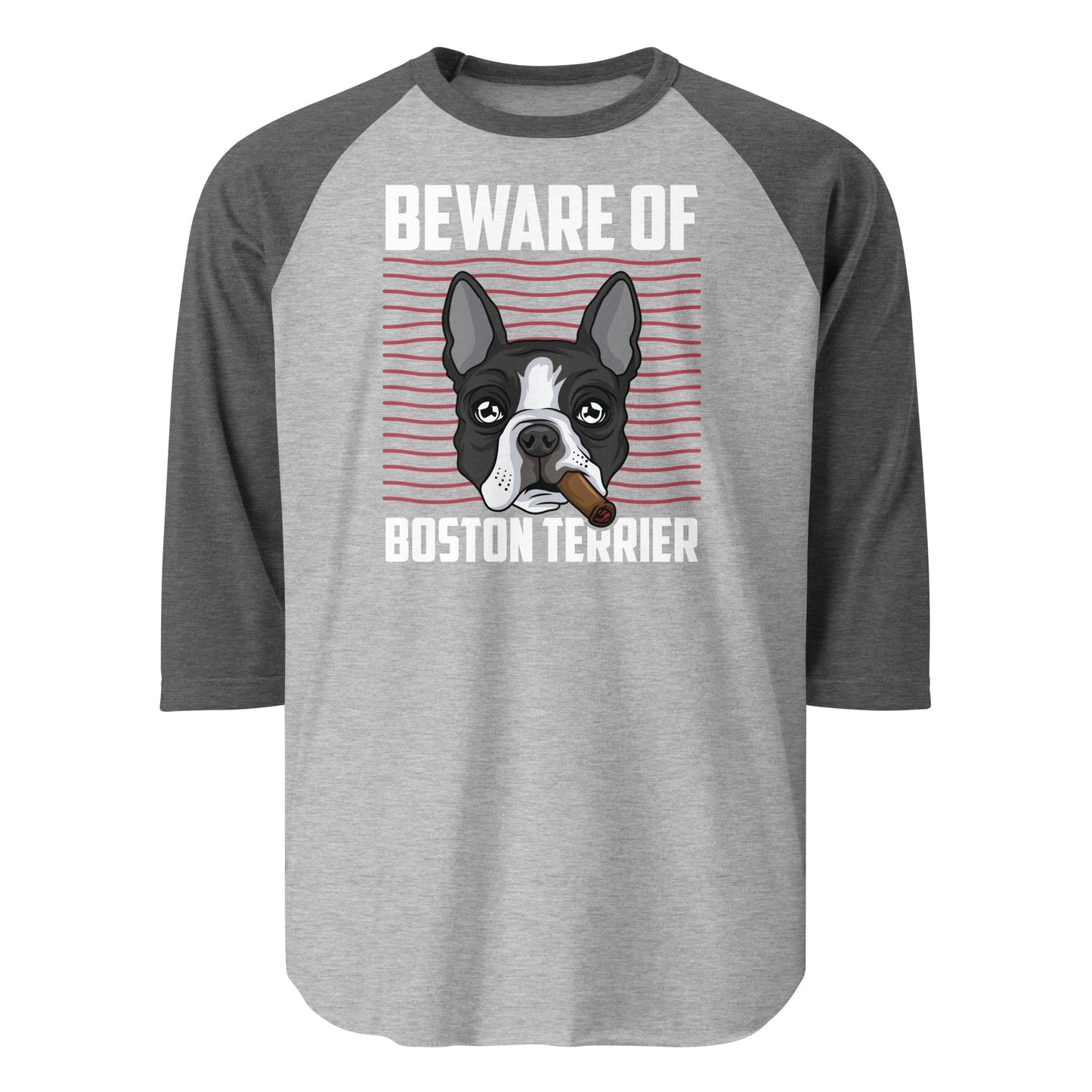 Beware Of Boston Terrier 3/4 Sleeve Raglan Shirt . Heather Grey Heather Charcoal