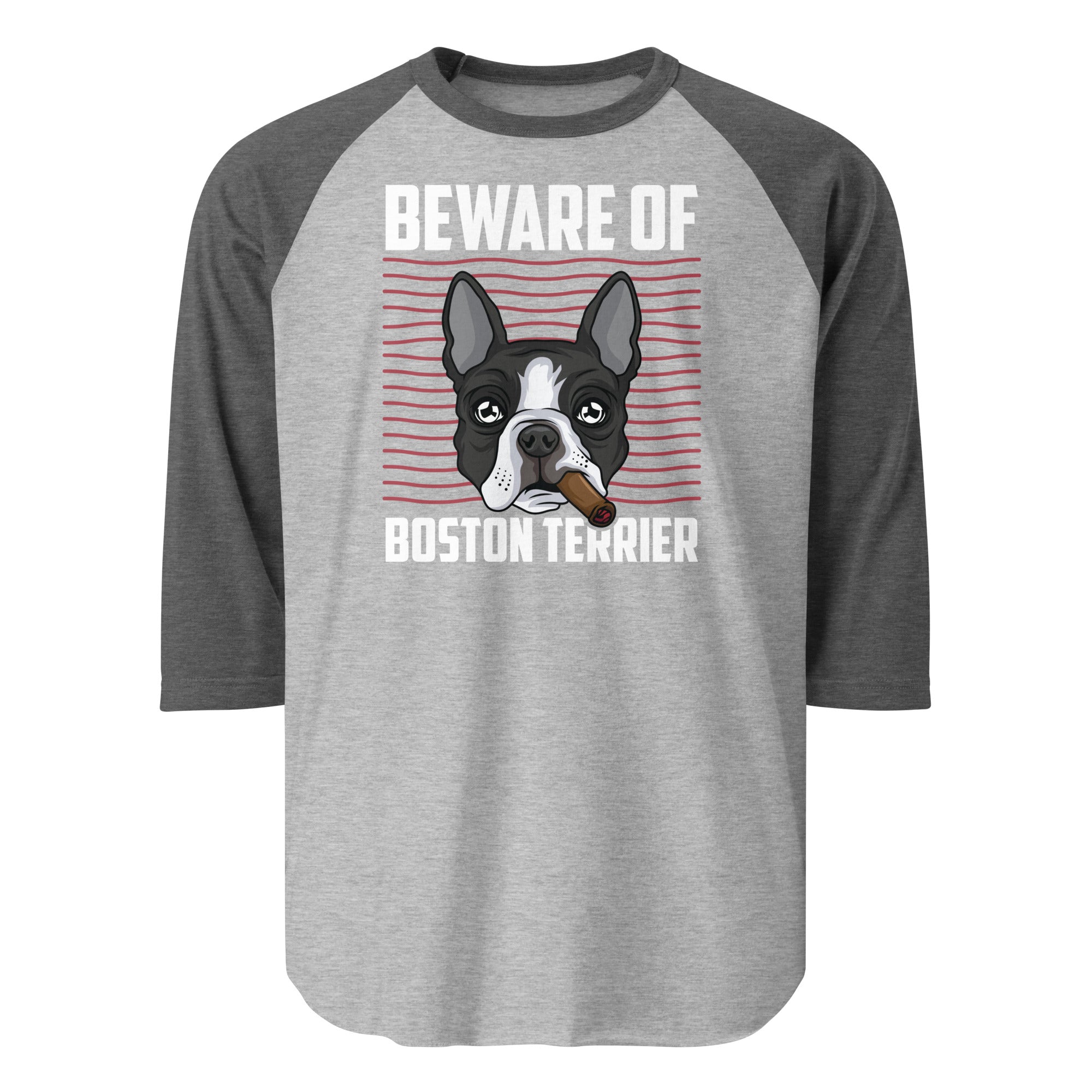 Beware Of Boston Terrier 3/4 Sleeve Raglan Shirt . Heather Grey Heather Charcoal