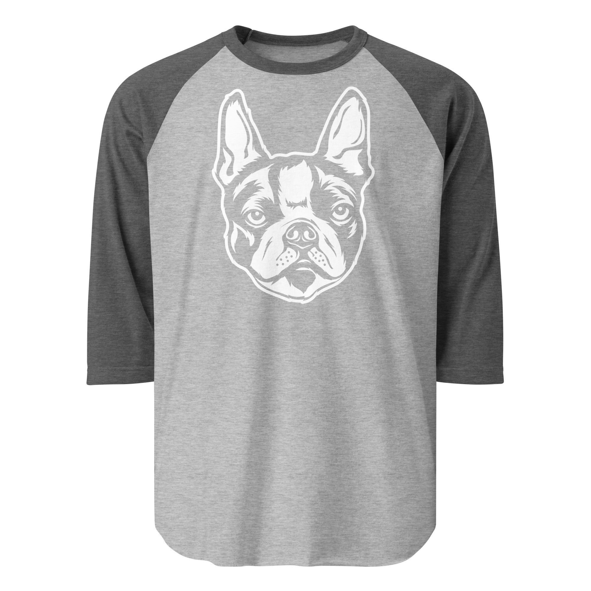 Boston Terrier Dog Face 3/4 Sleeve Raglan Shirt . Heather Grey Heather Charcoal