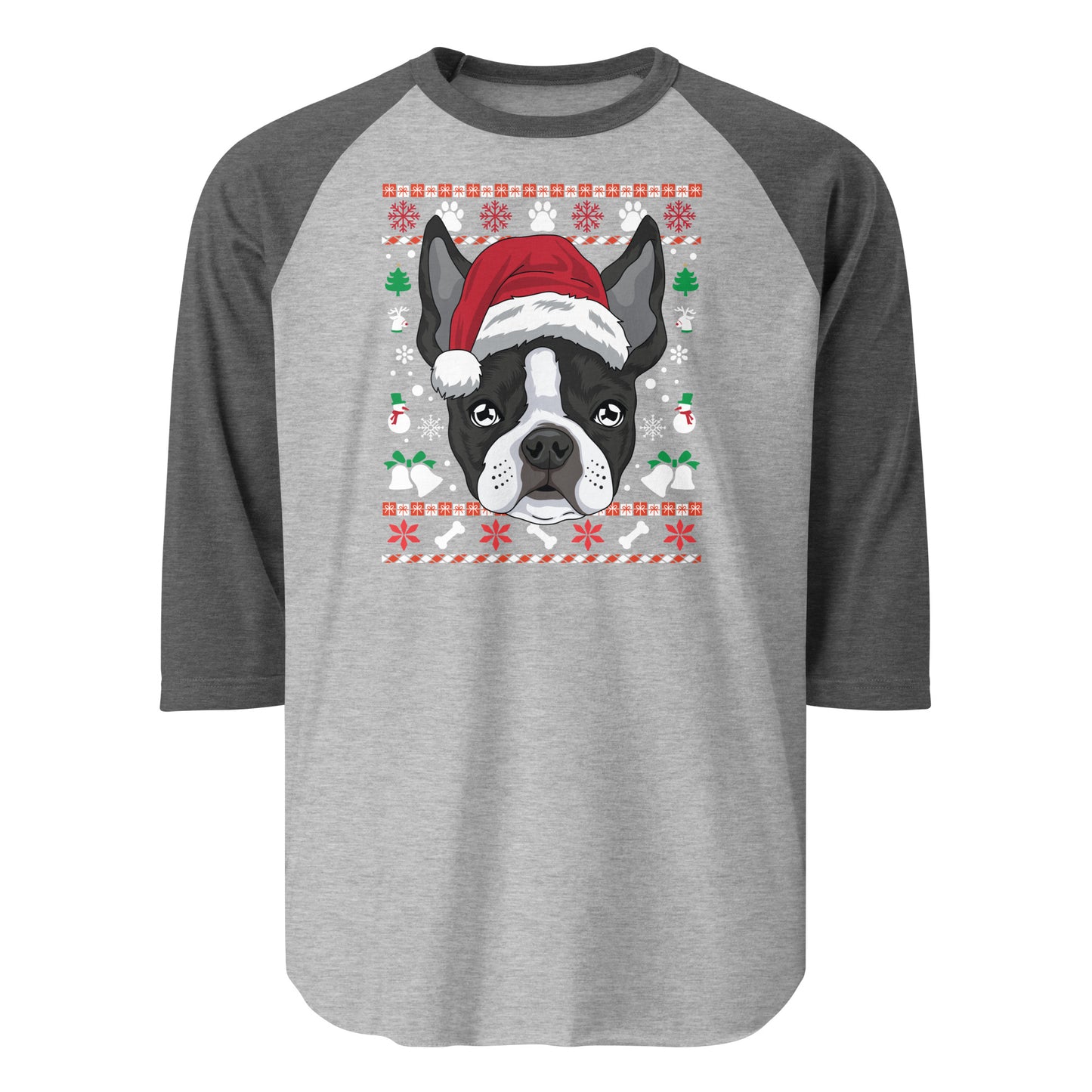 Ugly Christmas Boston Terrier Dog 3/4 Sleeve Raglan Shirt . Heather Grey Heather Charcoal