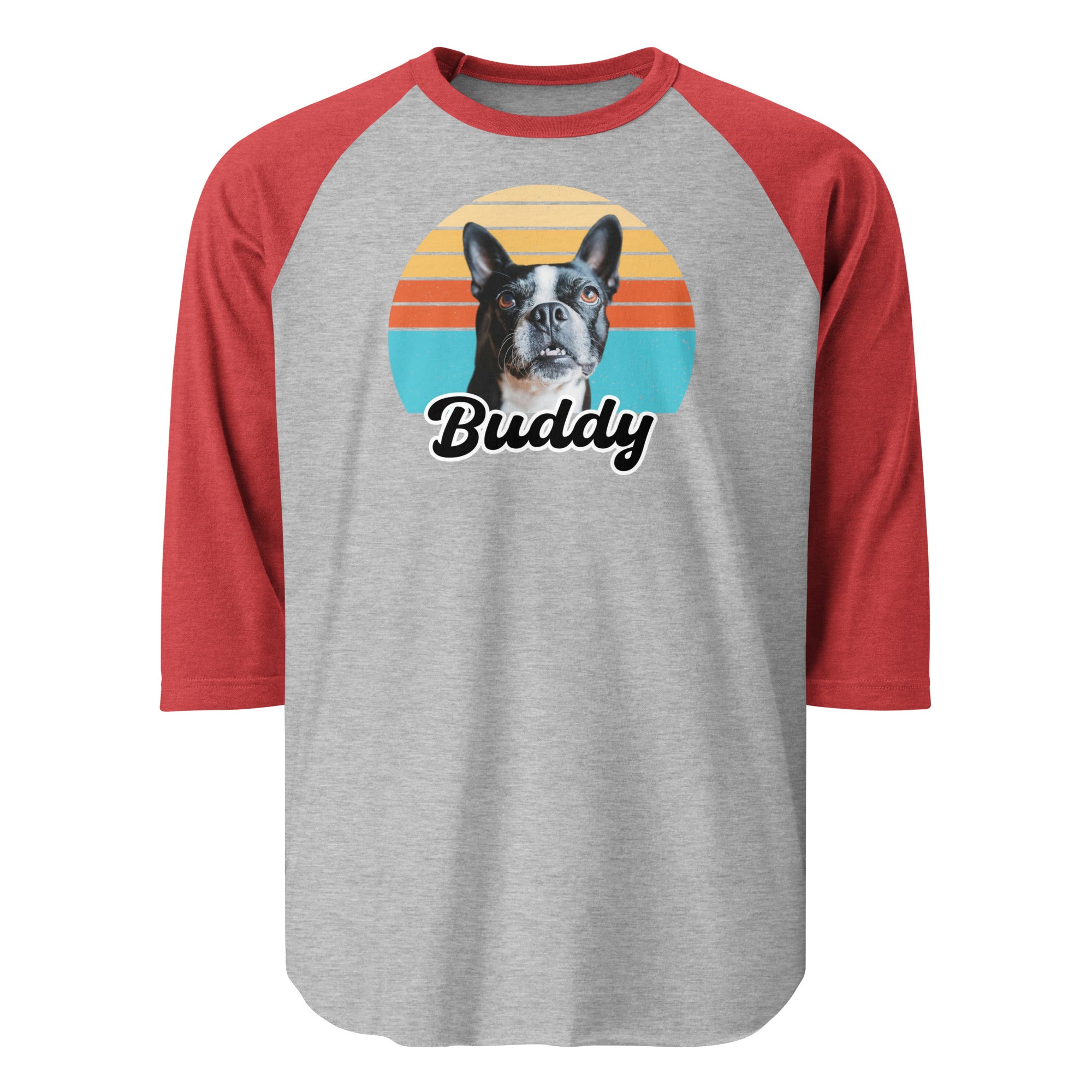 Custom Dog Sunset Vintage Retro Style 3/4 Sleeve Raglan Shirt . Heather Grey Heather Red