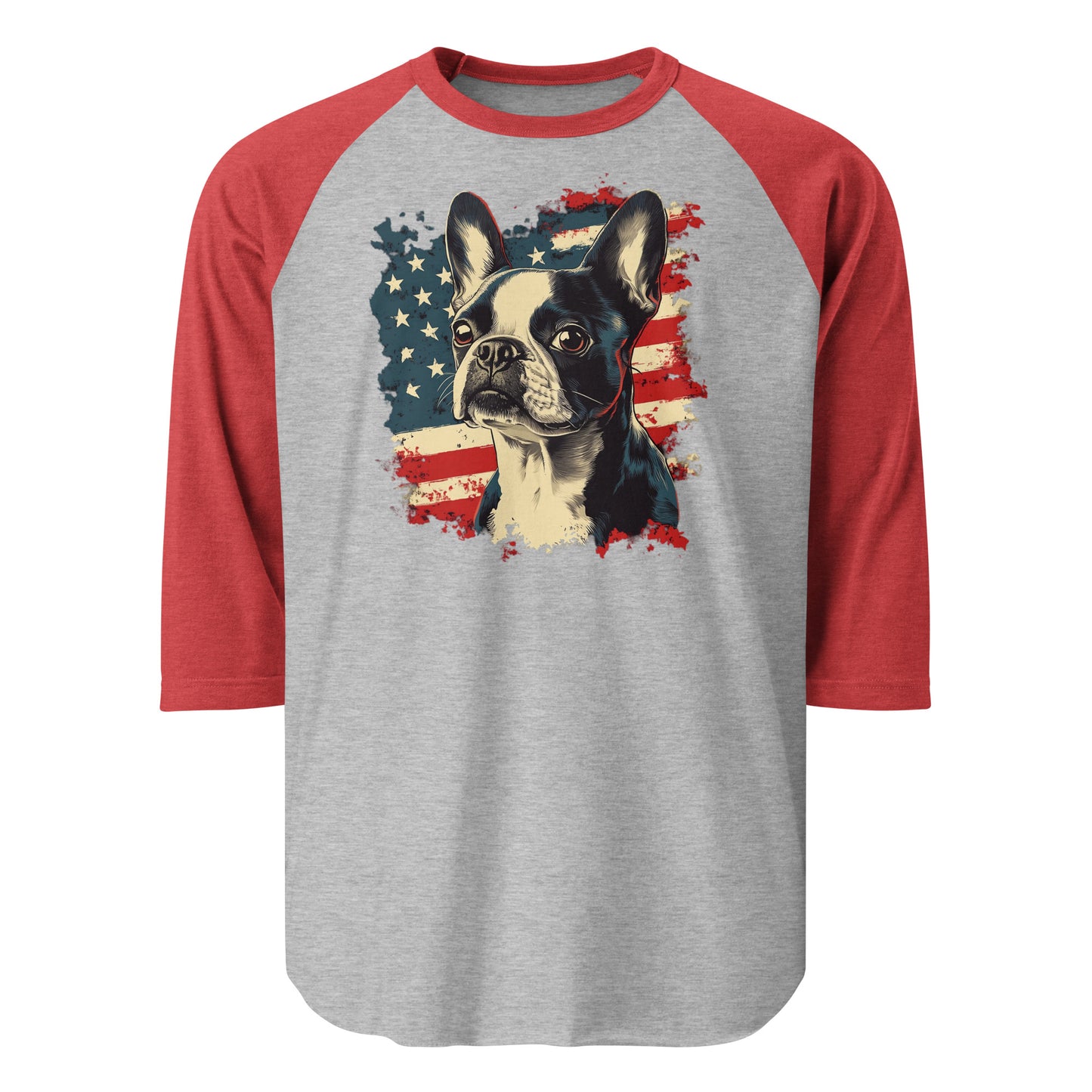 USA Flag United States Boston Terrier Dog 3/4 Sleeve Raglan Shirt . Heather Grey Heather Red