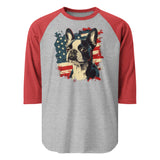 USA Flag United States Boston Terrier Dog 3/4 Sleeve Raglan Shirt . Heather Grey Heather Red
