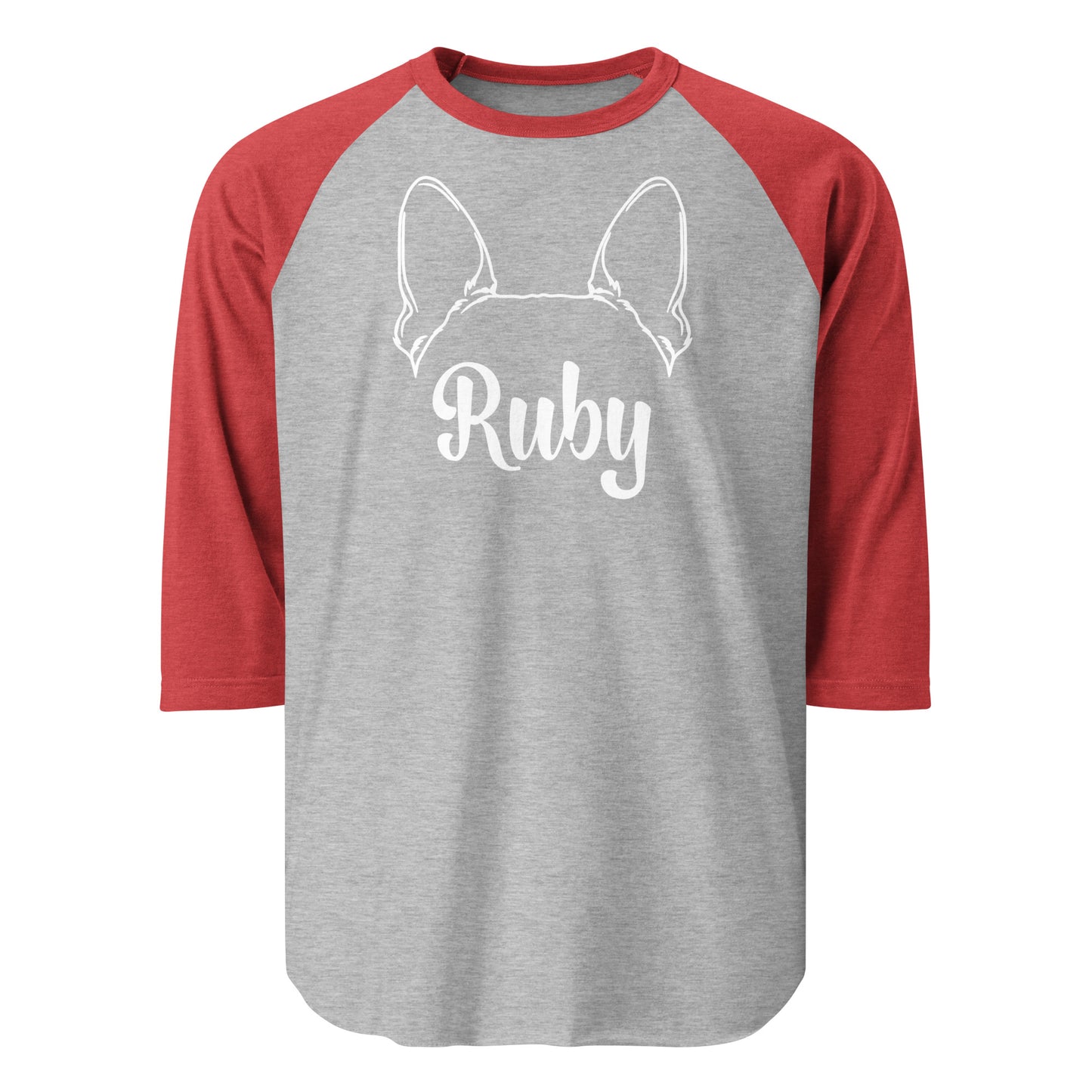 Boston Terrier Ears with Dog Name Custom 3/4 Sleeve Raglan Shirt . Heather Grey Heather Red