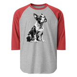 Boston Terrier Line Art 3/4 Sleeve Raglan Shirt . Heather Grey Heather Red