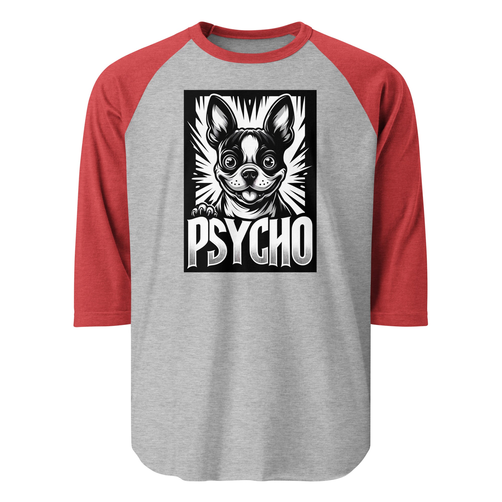 Psycho Boston Terrier Dog 3/4 Sleeve Raglan Shirt . Heather Grey Heather Red