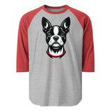 Minimalist Boston Terrier Face 3/4 Sleeve Raglan Shirt . Heather Grey Heather Red