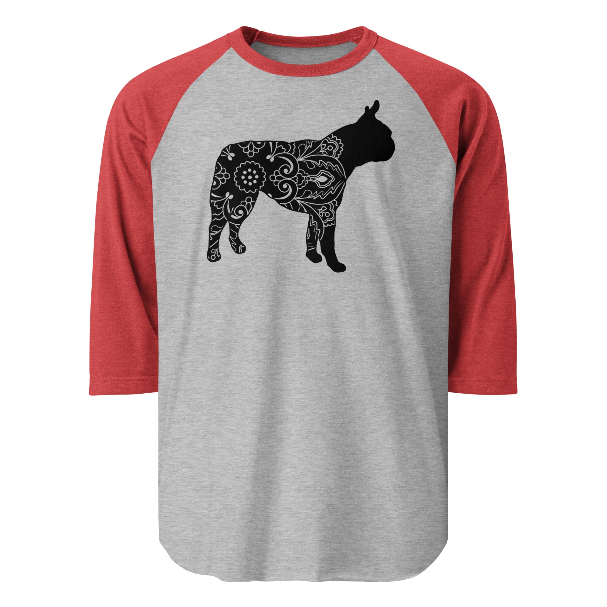 Boston Terrier Mandala 3/4 Sleeve Raglan Shirt . Heather Grey Heather Red