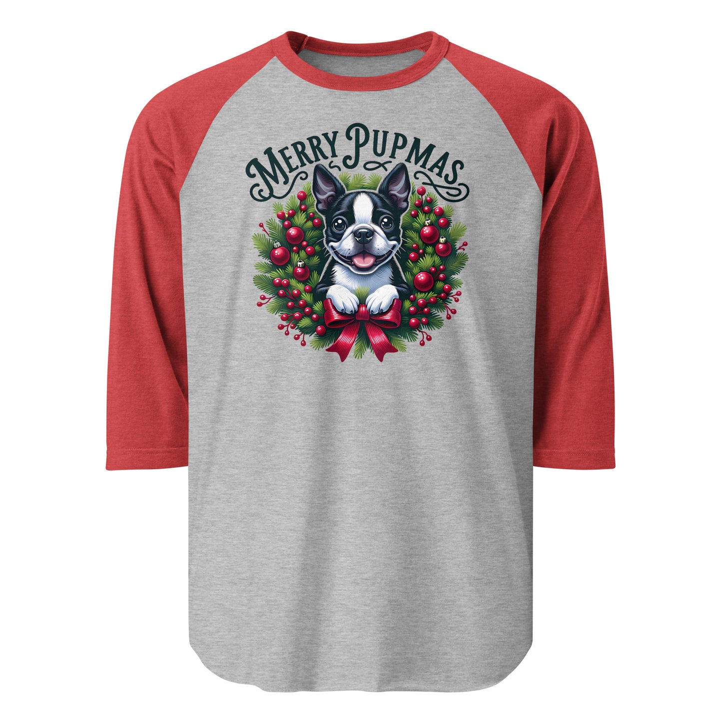 Merry Pupmas 3/4 Sleeve Raglan Shirt . Heather Grey Heather Red