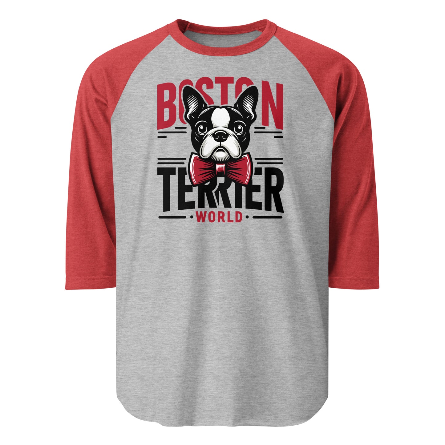 Boston Terrier World 3/4 Sleeve Raglan Shirt . Heather Grey Heather Red