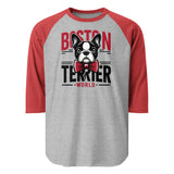 Boston Terrier World 3/4 Sleeve Raglan Shirt . Heather Grey Heather Red