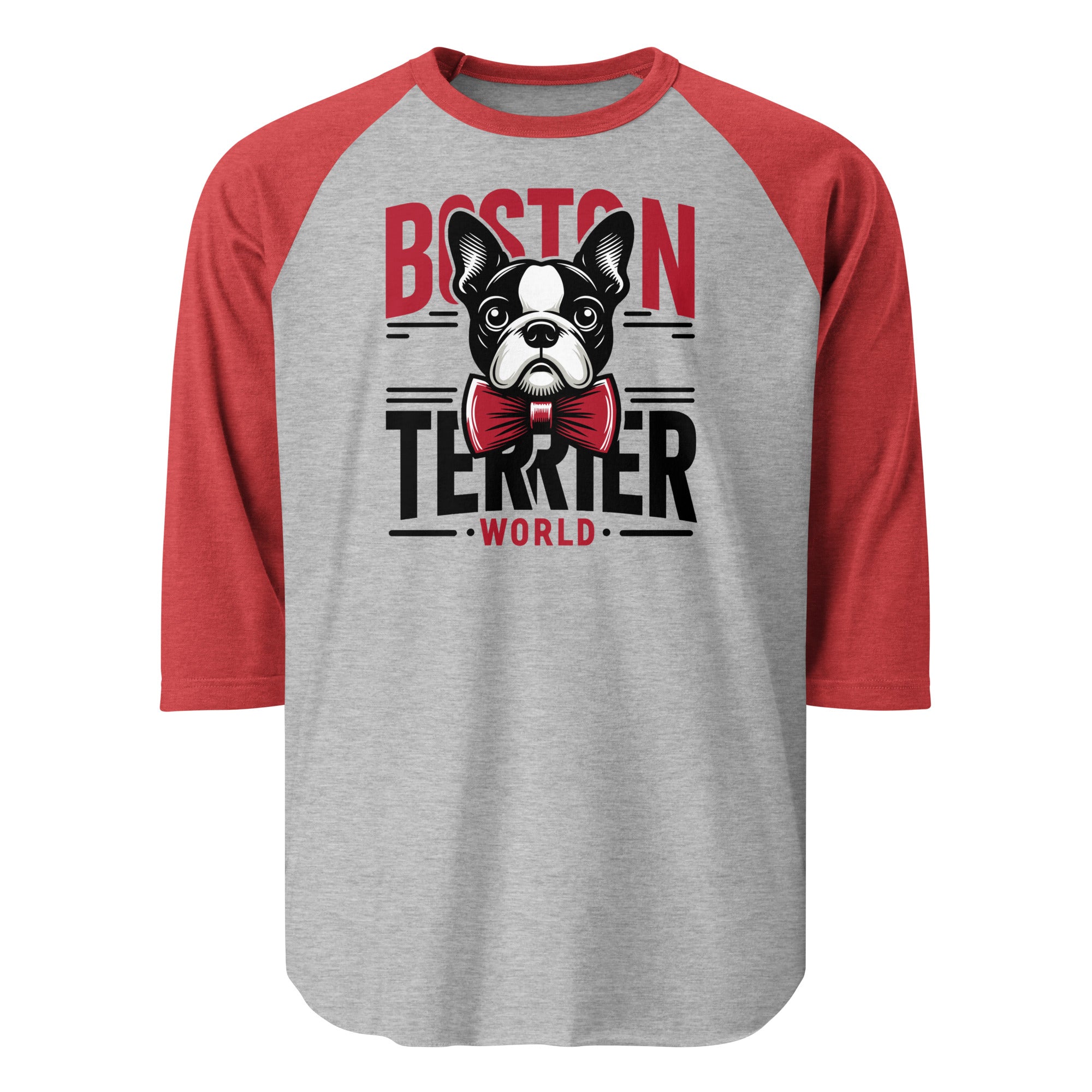 Boston Terrier World 3/4 Sleeve Raglan Shirt . Heather Grey Heather Red