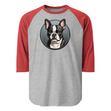 Cartoon Boston Terrier Dog Portrait 3/4 Sleeve Raglan Shirt . Heather Grey Heather Red