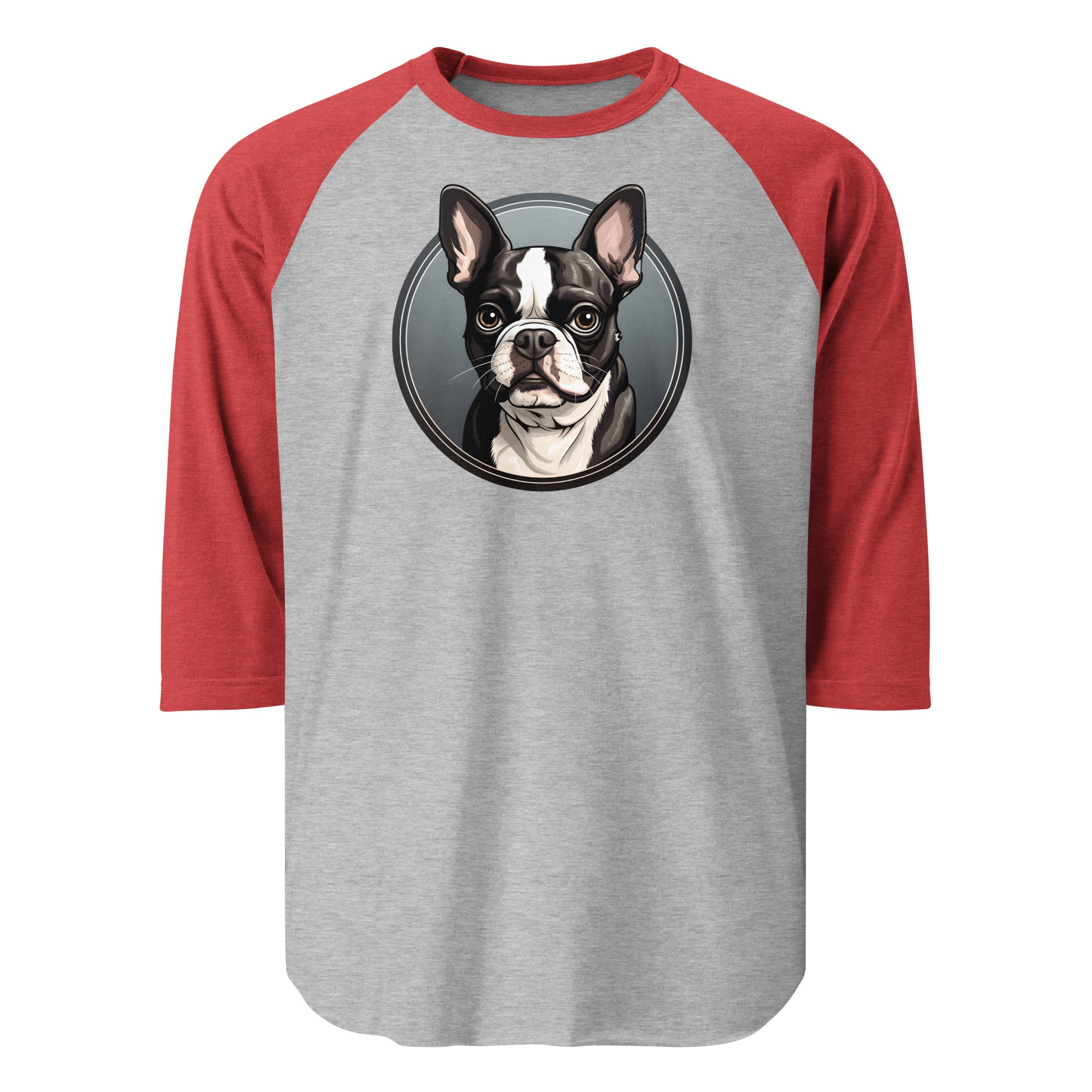 Cartoon Boston Terrier Dog Portrait 3/4 Sleeve Raglan Shirt . Heather Grey Heather Red