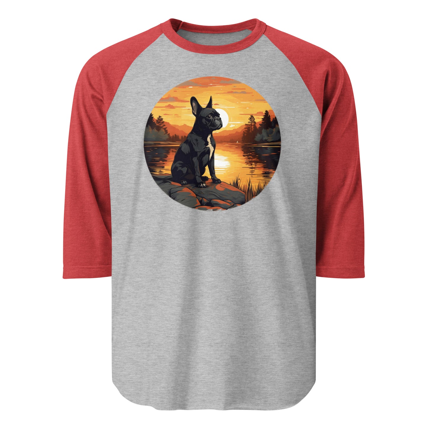 Boston Terrier Sitting By A Calm Lake 3/4 Sleeve Raglan Shirt . Heather Grey Heather Red