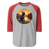 Boston Terrier Sitting By A Calm Lake 3/4 Sleeve Raglan Shirt . Heather Grey Heather Red