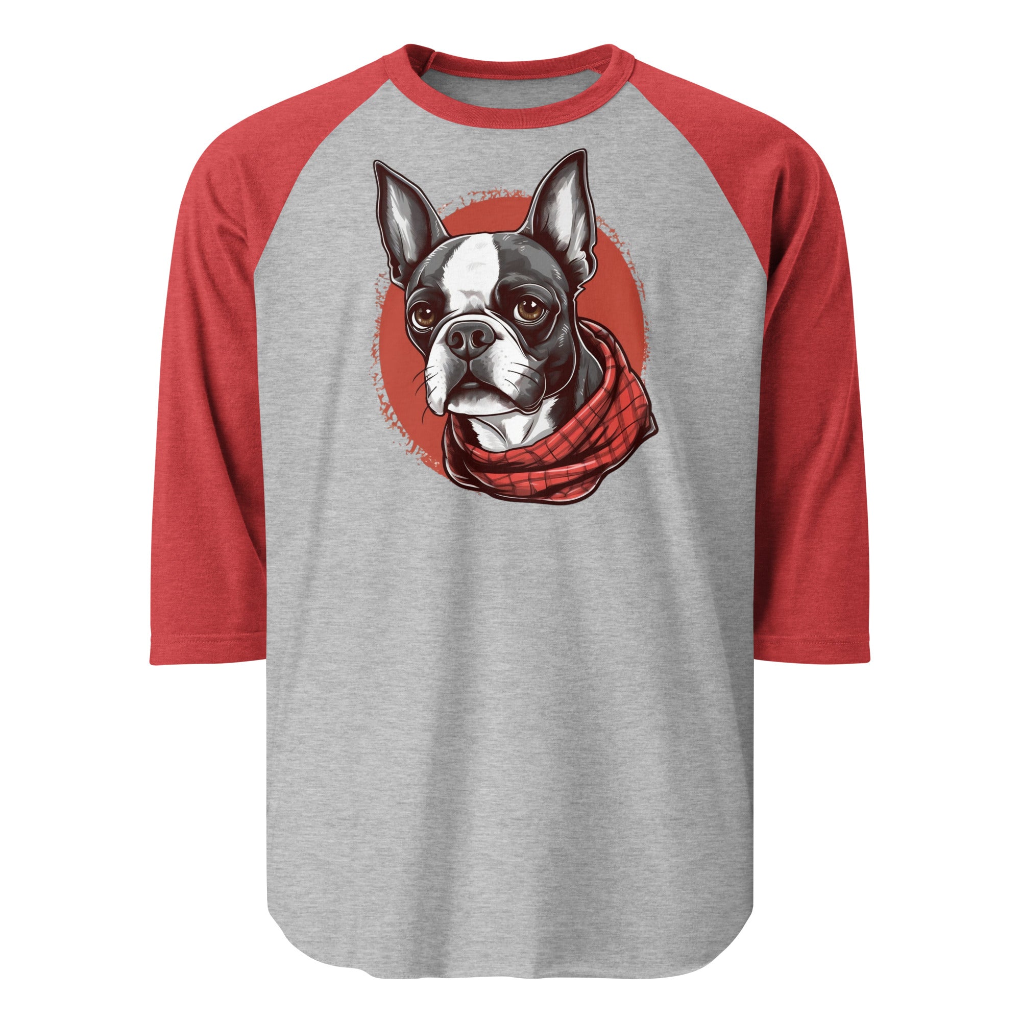 Boston Terrier Red Bandana 3/4 Sleeve Raglan Shirt . Heather Grey Heather Red