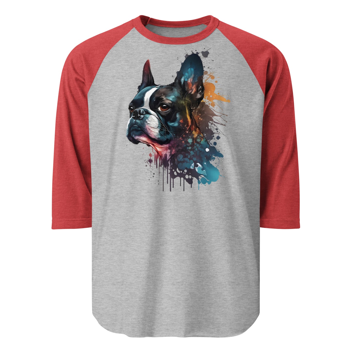 Boston Terrier Art 3/4 Sleeve Raglan Shirt . Heather Grey Heather Red