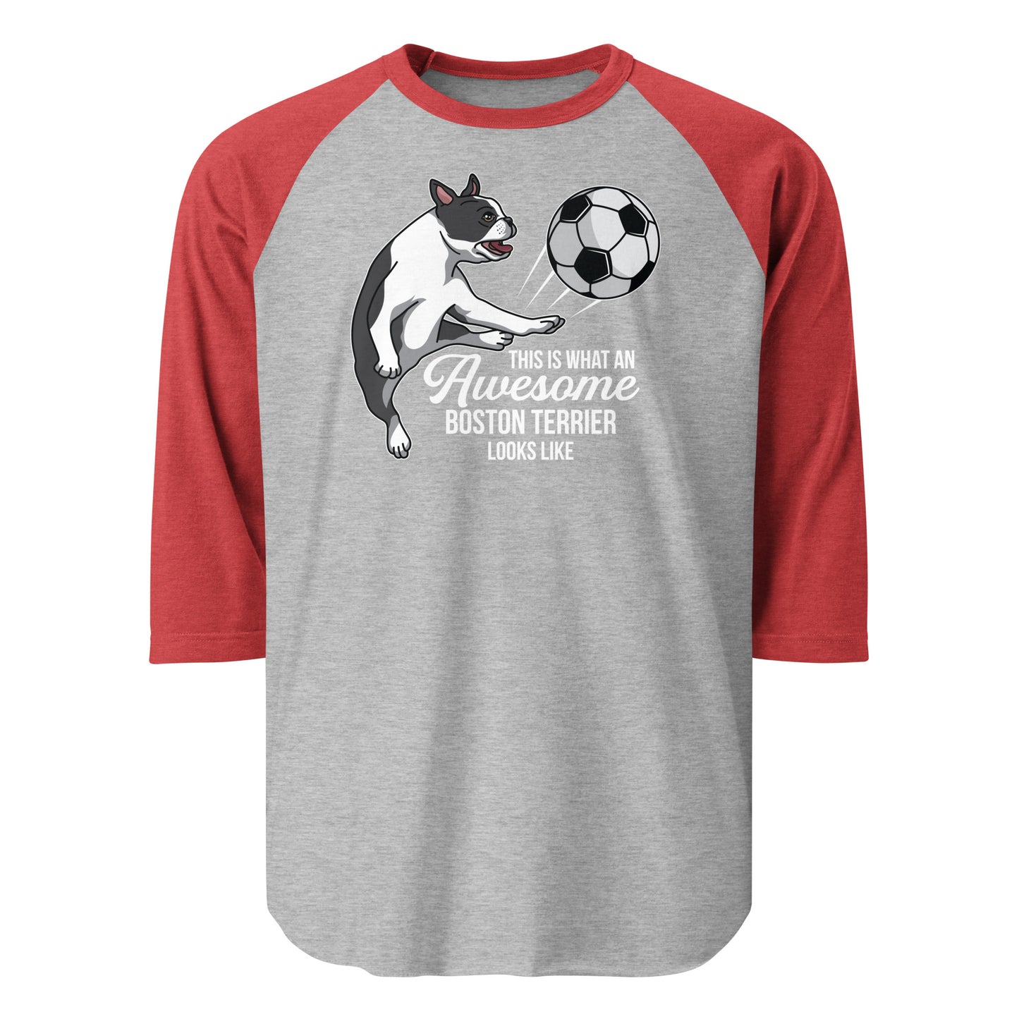 Soccer Boston Terrier 3/4 Sleeve Raglan Shirt . Heather Grey Heather Red
