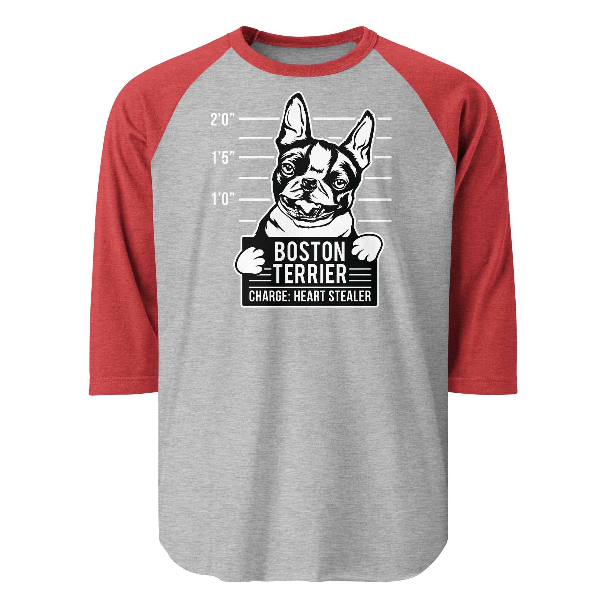 Boston Terrier Heart Stealer 3/4 Sleeve Raglan Shirt . Heather Grey Heather Red
