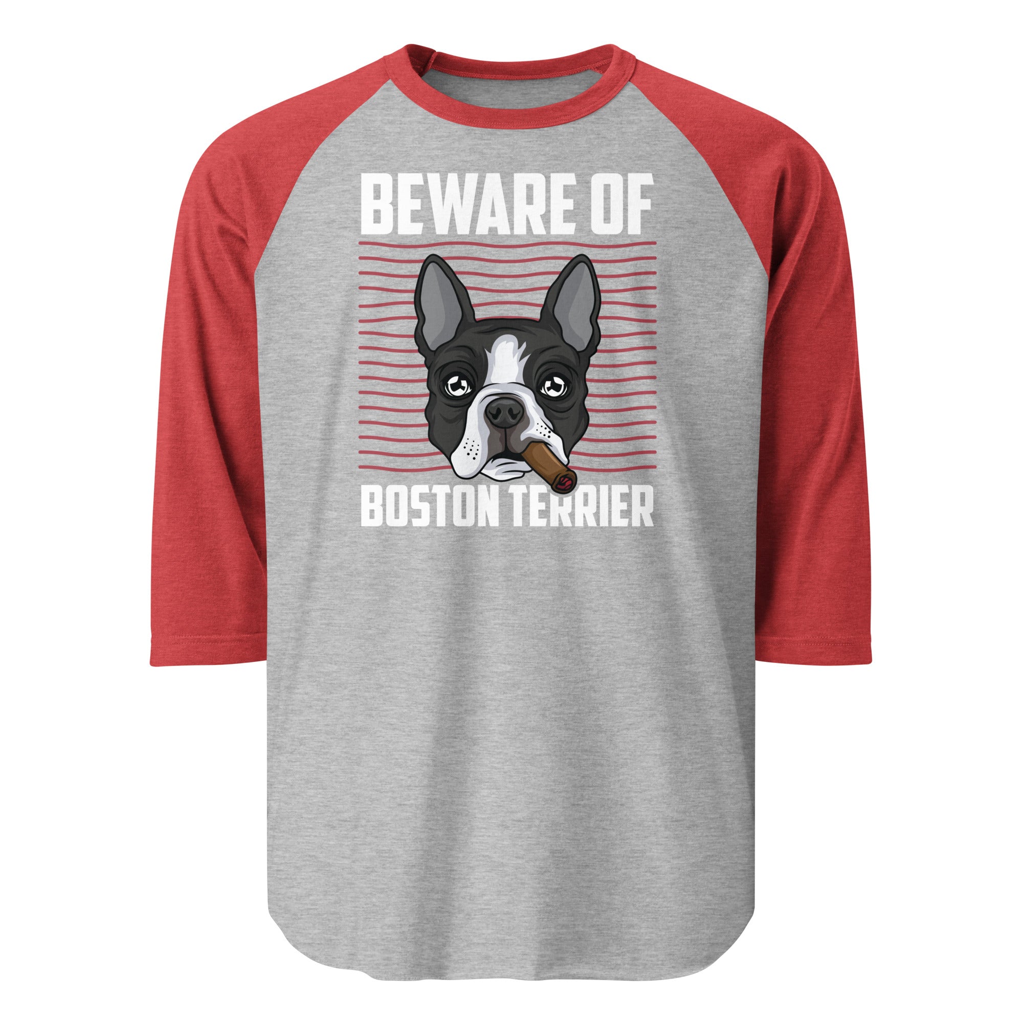 Beware Of Boston Terrier 3/4 Sleeve Raglan Shirt . Heather Grey Heather Red