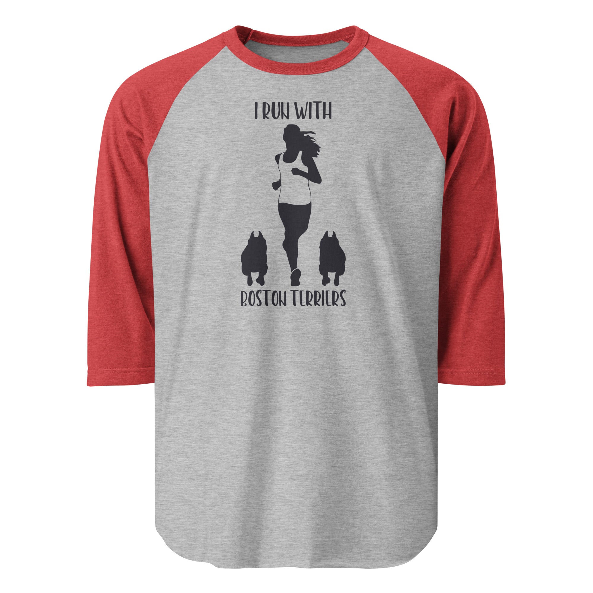 I Run With Boston Terriers 3/4 Sleeve Raglan Shirt . Heather Grey Heather Red
