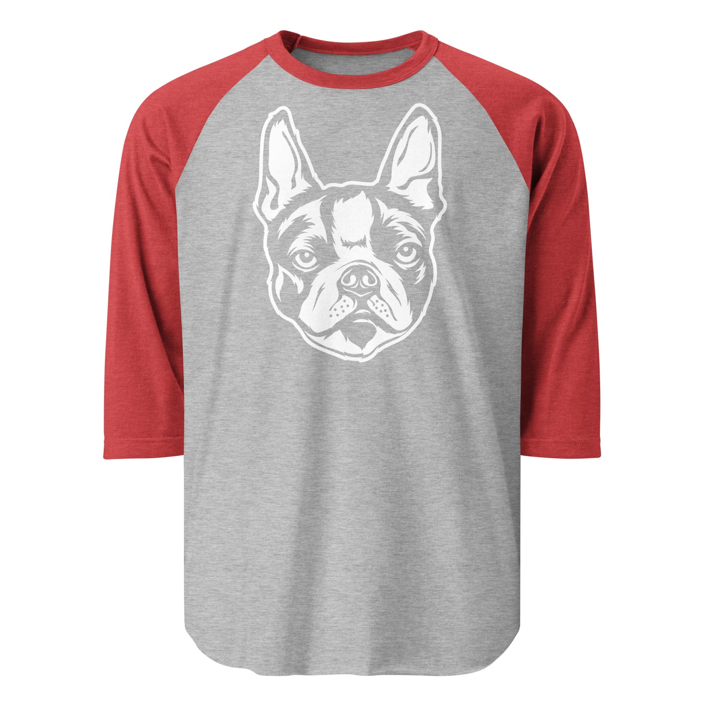 Boston Terrier Dog Face 3/4 Sleeve Raglan Shirt . Heather Grey Heather Red