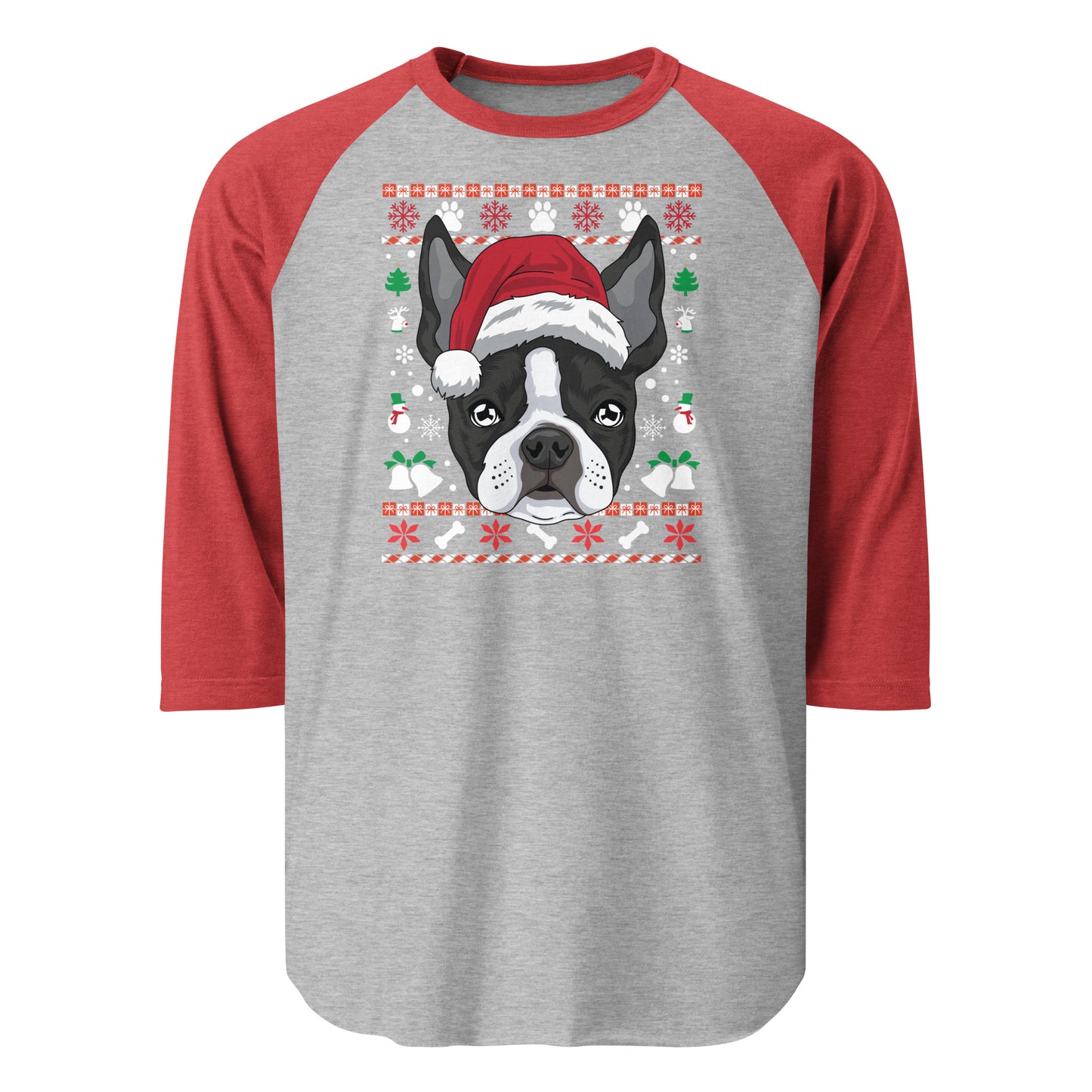Ugly Christmas Boston Terrier Dog 3/4 Sleeve Raglan Shirt . Heather Grey Heather Red