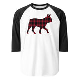 Red Plaid Boston Terrier Dog Silhouette 3/4 Sleeve Raglan Shirt . White Black
