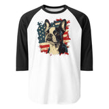 USA Flag United States Boston Terrier Dog 3/4 Sleeve Raglan Shirt . White Black