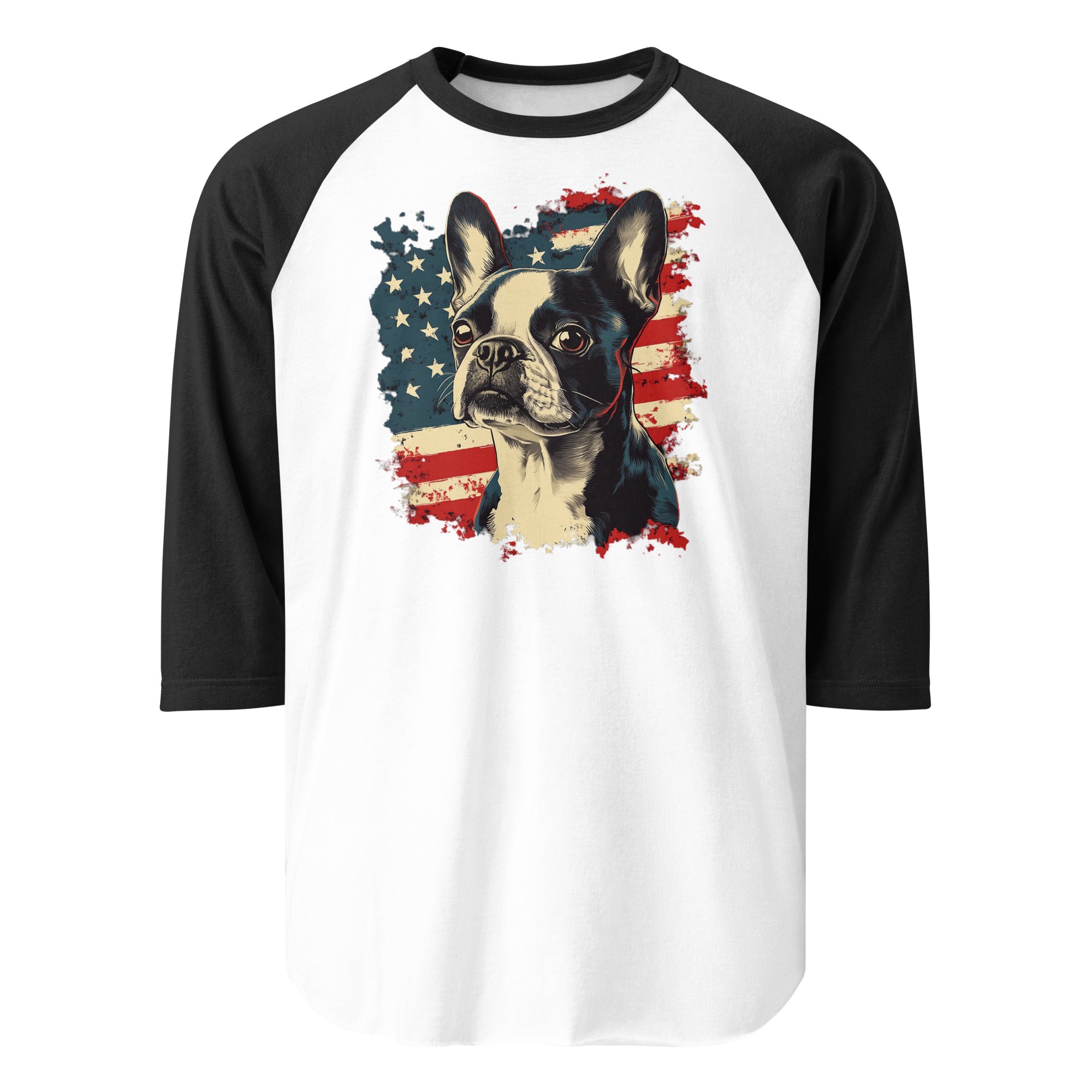 USA Flag United States Boston Terrier Dog 3/4 Sleeve Raglan Shirt . White Black